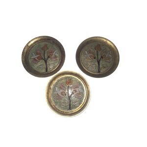 Vintage 3 PC Set Of Brass Inlaid Coasters Trinket Holders Earring/Ring Dish